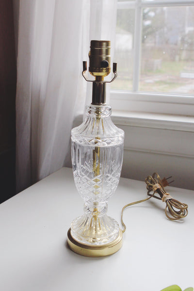 Vintage Mid Century Cut Glass or Crystal Table Lamp- Brass, Parlor Boudoir Lamp