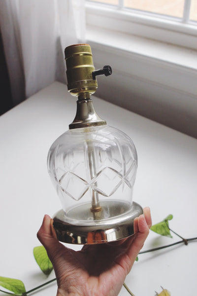 Vintage Mid Century Cut Glass or Crystal Table Lamp- Brass, Parlor Boudoir Lamp