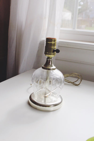 Vintage Mid Century Cut Glass or Crystal Table Lamp- Brass, Parlor Boudoir Lamp
