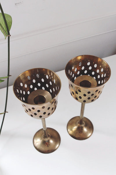 Vintage Brass Goblet Candlestick Holders - Tall Pierced Brass Candle Holders