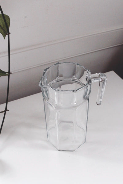 Vintage Clear Glass Pitcher - 8 Panel Geometric Octogonal Design