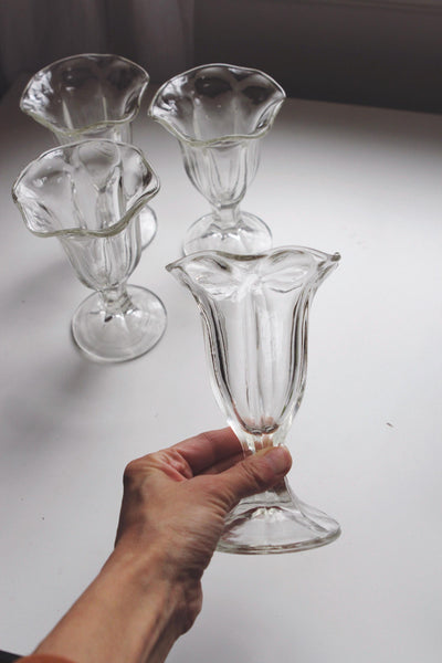 Vintage Clear Glass Sundae or Parfait Glasses, Set of 4 - Anchor Hocking Tulip, Scalloped Design