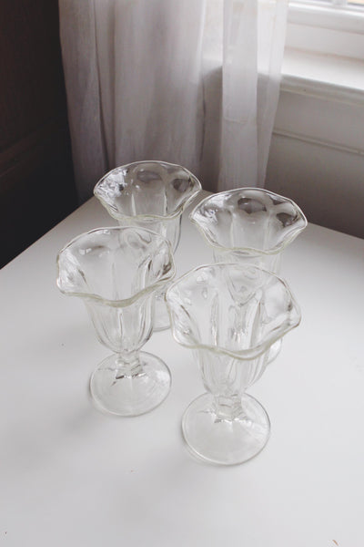 Vintage Clear Glass Sundae or Parfait Glasses, Set of 4 - Anchor Hocking Tulip, Scalloped Design