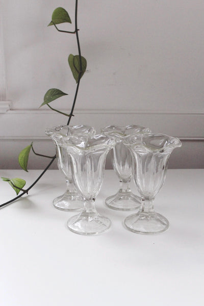 Vintage Clear Glass Sundae or Parfait Glasses, Set of 4 - Anchor Hocking Tulip, Scalloped Design