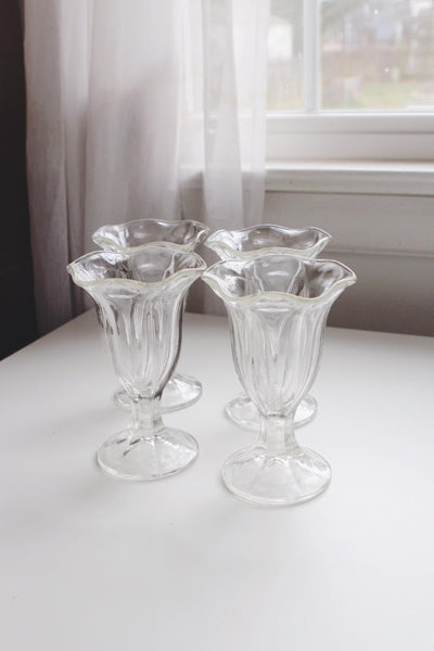 Vintage Clear Glass Sundae or Parfait Glasses, Set of 4 - Anchor Hocking Tulip, Scalloped Design