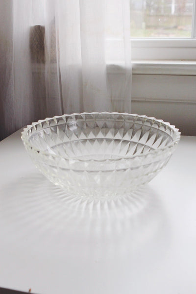 Vintage Large Glass Fruit Bowl Centerpiece or Serving Bowl - Art Deco Style, Geometric Diamond