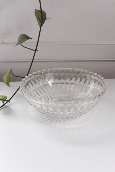 Vintage Large Glass Fruit Bowl Centerpiece or Serving Bowl - Art Deco Style, Geometric Diamond