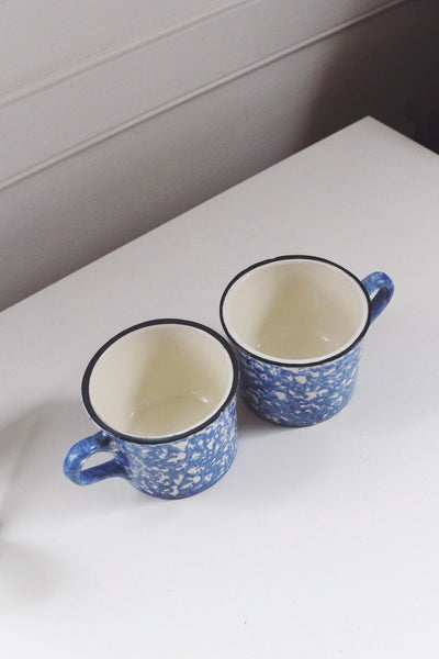 Vintage Blue Spongeware Mugs by Stangl Pottery, Splatter Pattern