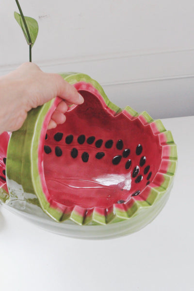 Vintage Watermelon Ceramic Basket or Serving Bowl - Handmade, Hand Painted