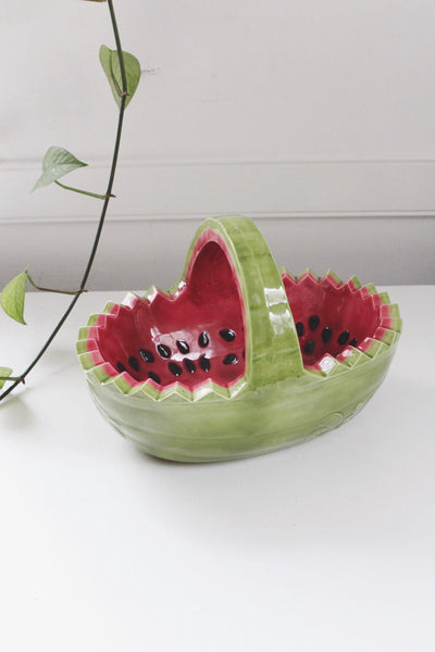 Vintage Watermelon Ceramic Basket or Serving Bowl - Handmade, Hand Painted
