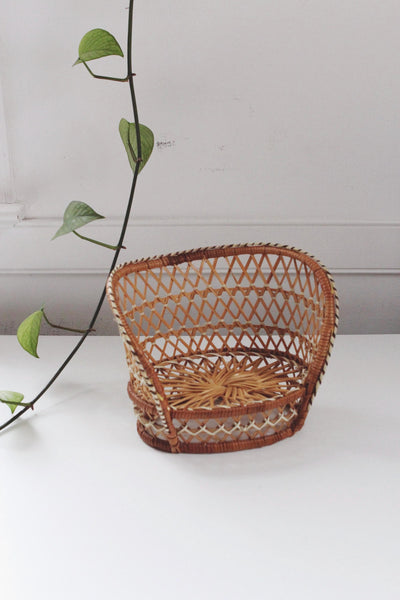 Vintage Miniature Wicker Rattan Peacock Chair Loveseat - Plant Stand, Doll Display, Boho Cottagecore Decor