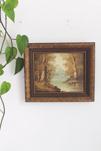 Vintage Landscape Painting - Canvas, Carved Wood Frame - Original Art, Woodland River Scene