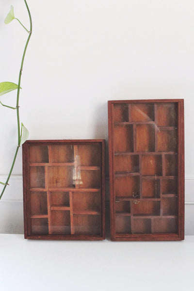 Vintage Wooden Storage Cabinet Display Trinket Shelf - Handmade, Glass Front, Rustic