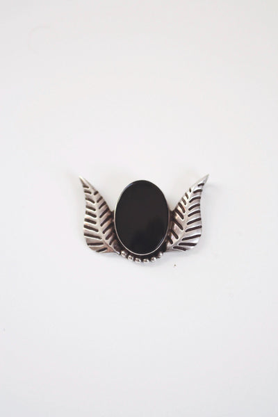 Vintage Sterling Silver Onyx Pendant - Geometric Winged Design, Signed AGE
