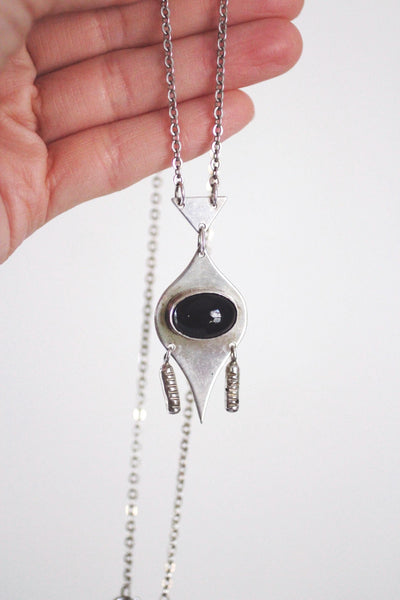 Vintage Sterling Silver Onyx Necklace - Geometric Modernist Design