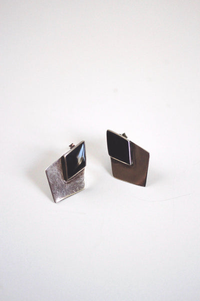 Vintage Sterling Silver Onyx Stud Earrings - Geometric Modernist Design