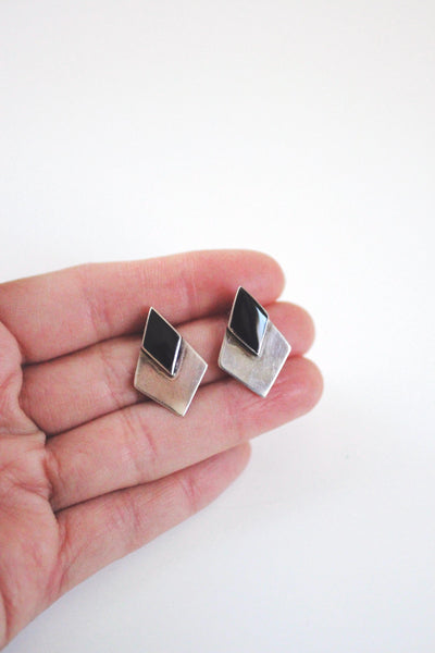 Vintage Sterling Silver Onyx Stud Earrings - Geometric Modernist Design