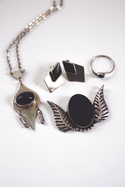 Vintage Sterling Silver Onyx Jewelry - Pendant, Necklace, Earrings, Ring - Geometric Modernist Design