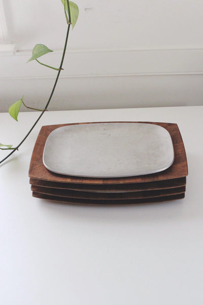 Vintage Mid Century Modern Teak Checkerboard Sizzler Platters or Serving Trays with Aluminum Plates, Set of 4
