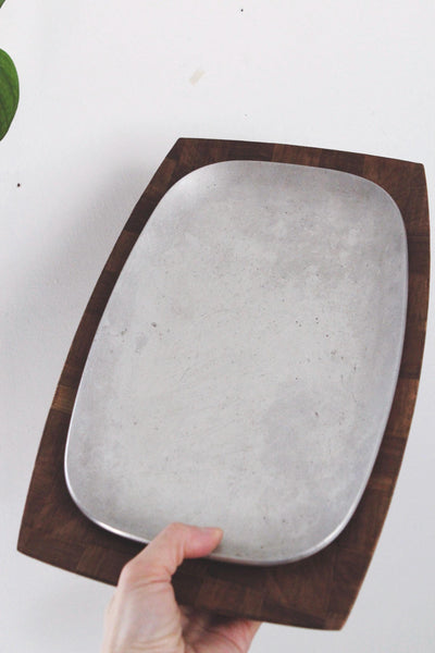 Vintage Mid Century Modern Teak Checkerboard Sizzler Platters or Serving Trays with Aluminum Plates, Set of 4