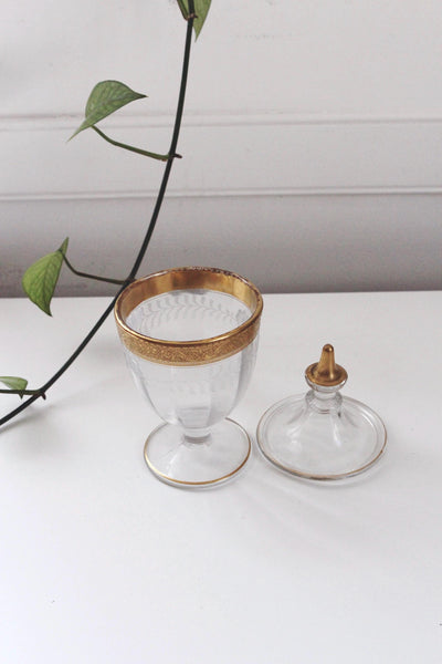 Vintage Gold Glass Candy Dish or Apothecary Jar or Trinket Box - Heisey "Revere" Pattern