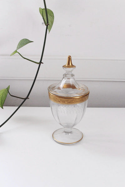 Vintage Gold Glass Candy Dish or Apothecary Jar or Trinket Box - Heisey "Revere" Pattern