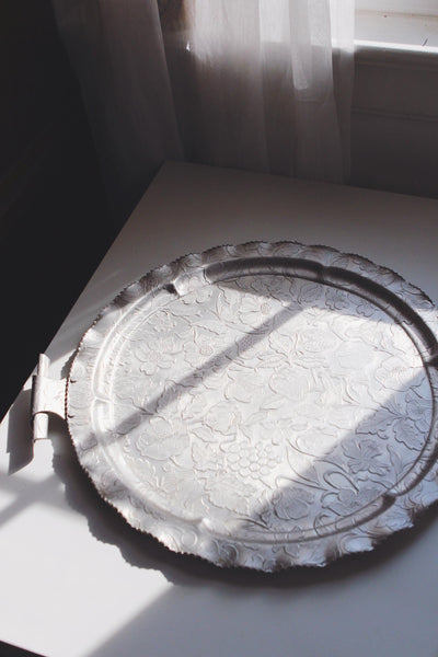 Vintage Hand-Wrought Aluminum Serving Tray - Embossed Fruit and Floral, Rodney Kent
