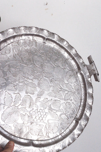 Vintage Hand-Wrought Aluminum Serving Tray - Embossed Fruit and Floral, Rodney Kent