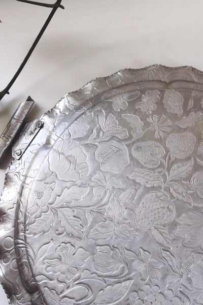 Vintage Hand-Wrought Aluminum Serving Tray - Embossed Fruit and Floral, Rodney Kent