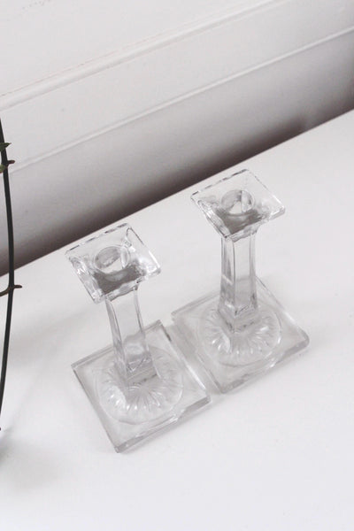 Vintage Crystal Candle Holders - Square Column, Minimalist Modern Design