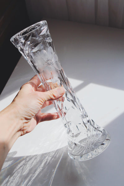 Vintage European Cut Crystal Bud Vase - Etched Floral Motif