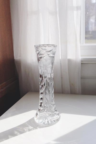 Vintage European Cut Crystal Bud Vase - Etched Floral Motif