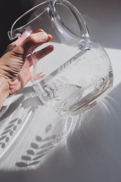 Vintage Etched Floral Glass Pitcher - Mid Century, Hand Made