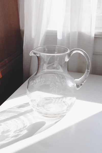 Vintage Etched Floral Glass Pitcher - Mid Century, Hand Made