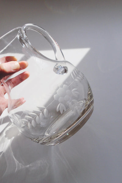 Vintage Etched Floral Glass Pitcher - Mid Century, Hand Made