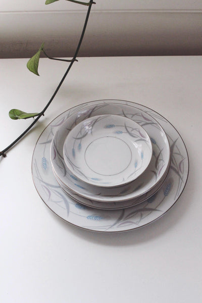 Vintage Porcelain China Plates Dishes Bowls - Valmont Royal Wheat, Platinum Trim, Made in Japan