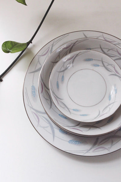 Vintage Porcelain China Plates Dishes Bowls - Valmont Royal Wheat, Platinum Trim, Made in Japan