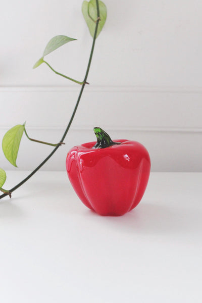 Vintage Glass Bell Pepper - Murano Style, Red - Hand Blown Art Glass Vegetable Sculpture Figurine