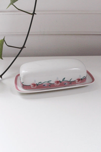 Vintage Butter Dish - Pink Flowers Roses - Ceramic, Retro Cottagecore