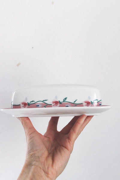 Vintage Butter Dish - Pink Flowers Roses - Ceramic, Retro Cottagecore