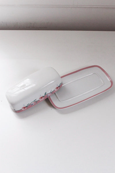 Vintage Butter Dish - Pink Flowers Roses - Ceramic, Retro Cottagecore