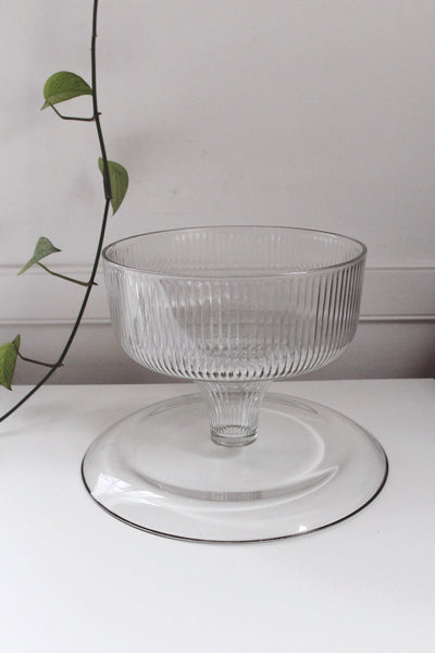 Vintage Glass Pedestal Cake Stand - Ribbed Design, Dome Lid - 12"
