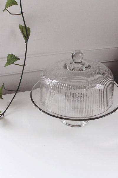 Vintage Glass Pedestal Cake Stand - Ribbed Design, Dome Lid - 12"