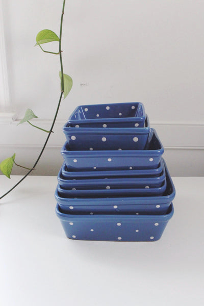 Vintage Polka Dot Blue Square Baking Dish Mixing Bowl Set - Temp-tations by Tara, Ceramic