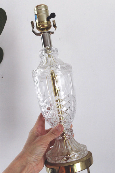 Vintage Mid Century Cut Glass or Crystal Table Lamp- Brass, Parlor Boudoir Lamp