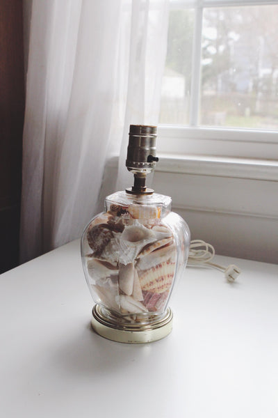 Vintage Seashell Glass Table Lamp - Ginger Jar, Coastal, 80s