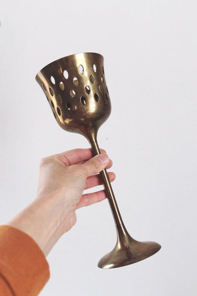 Vintage Brass Goblet Candlestick Holders - Tall Pierced Brass Candle Holders