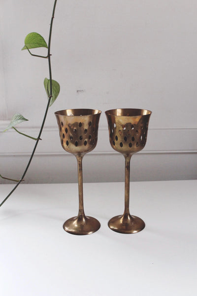 Vintage Brass Goblet Candlestick Holders - Tall Pierced Brass Candle Holders