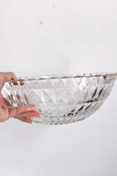 Vintage Large Glass Fruit Bowl Centerpiece or Serving Bowl - Art Deco Style, Geometric Diamond