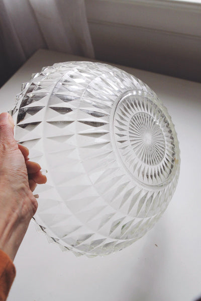 Vintage Large Glass Fruit Bowl Centerpiece or Serving Bowl - Art Deco Style, Geometric Diamond